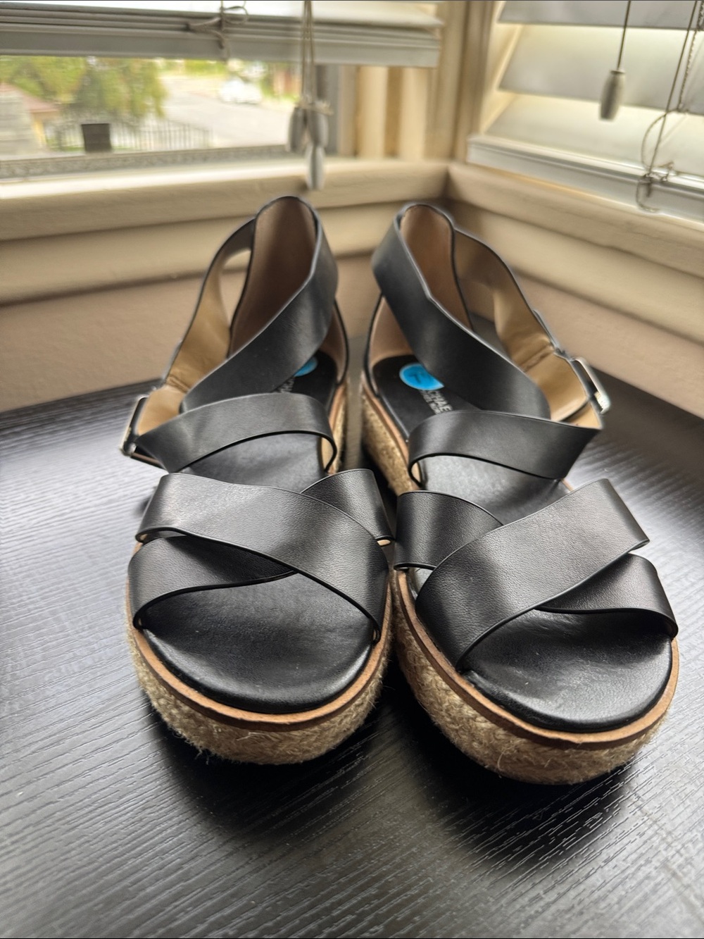 Black Leather Crisscross Espadrille woven Wedges - Women sandals